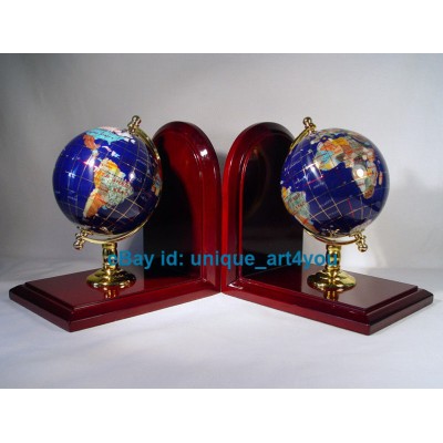 7" Tall pair of Blue Lapis Ocean wood base Gemstone Globe Bookend   352294487773